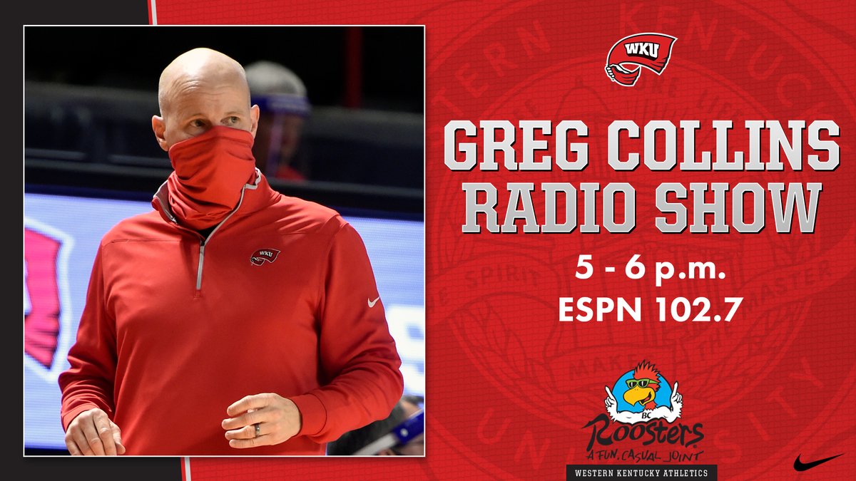 LadyTopperHoops's tweet photo. The Greg Collins Show presented by @Roosters is back for the first episode of the 2020-21 season tonight!
Submit your questions for Coach Collins by using #AskCollins
You can catch the show on the radio or watch live on the @WKUSports Facebook page https://t.co/btX77CU83b