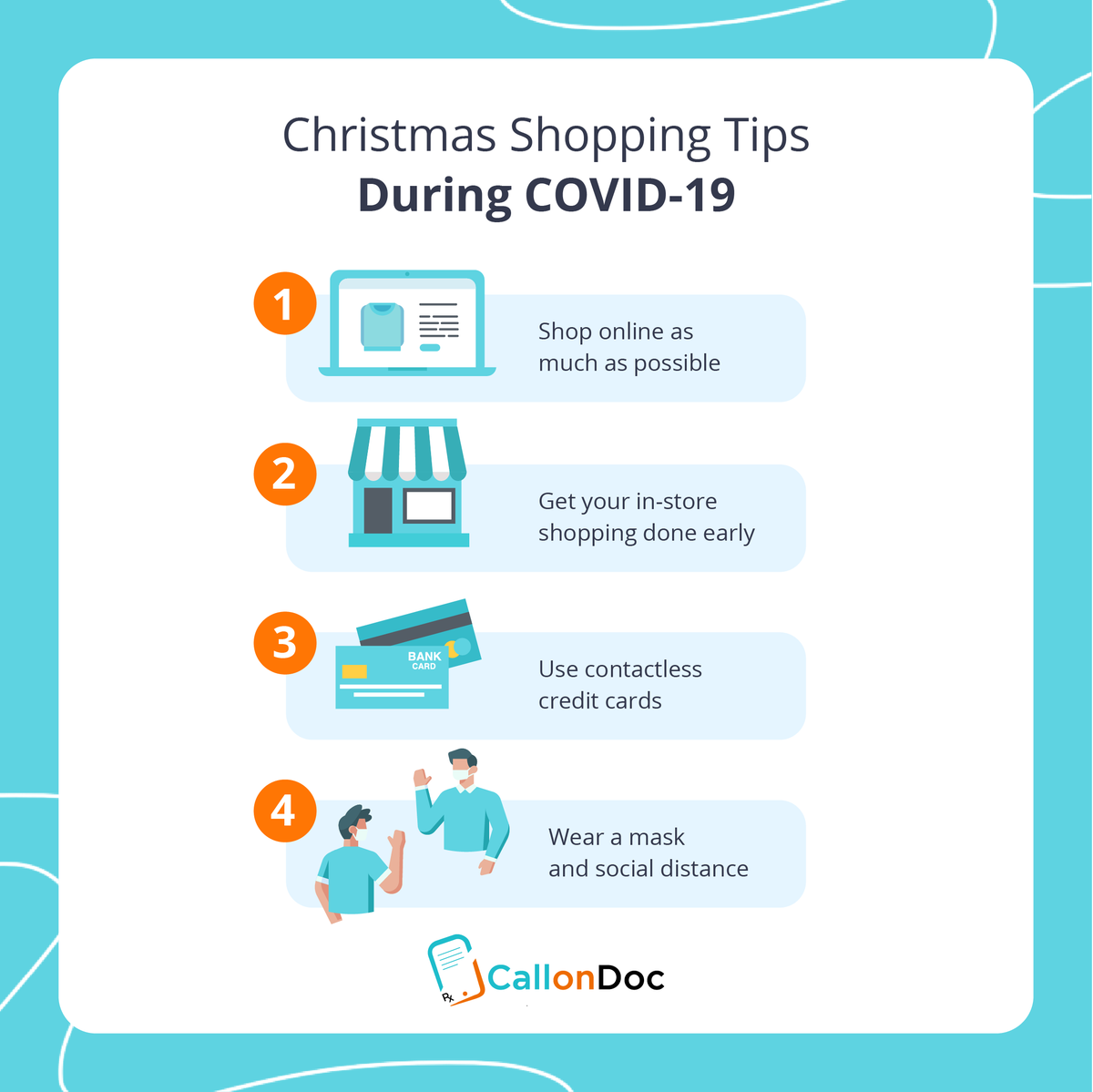 callondoc_com's tweet photo. Christmas shopping during a pandemic? Here are 4 tips to help make your Christmas shopping experience as smooth as possible! #Christmas #shopping #COVID #safety #health #telemedicine #CallonDoc https://t.co/INMA4m3ntB