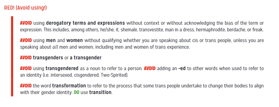 Woman is a dirty word(Except when a man claims to be one)Here we have it, straight from the horse's mouth:The word "woman" is in the red category of words that are "highly problematic and/or discriminatory, and have been rejected by trans people". https://www.optionsforsexualhealth.org/wp-content/uploads/2019/07/FQPN18-Manual-EN-BC-web.pdf