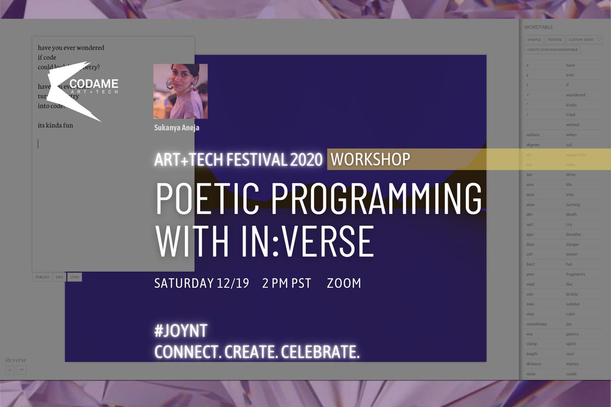 codame's tweet photo. 🎆🌈🎇ANNOUNCED:Poetic Programming with In:Verse w/Sukanya Aneja🎆🎉🎇 @playdo_ @in_verse_
Coming to #CODAME ART+TECH Festival 2020『JOYNT』
https://t.co/0PMYZFADAX
Sat Dec 19 2- 5:30p PT
Create visual poetry with in:verse-with a brief intro to shaders and stack-based programming https://t.co/PufQsbVWPs