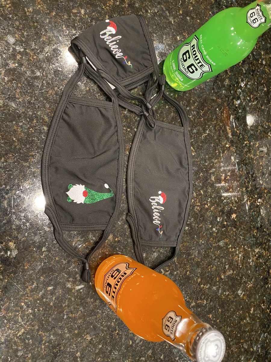 Route66Soda's tweet photo. We're staying safe around here sporting these super cute Christmas masks! #route66sodas #maskup #holidaymasks #staysafe #holidayseason #gnome #believe #rudolph https://t.co/5MdJOAy3lG