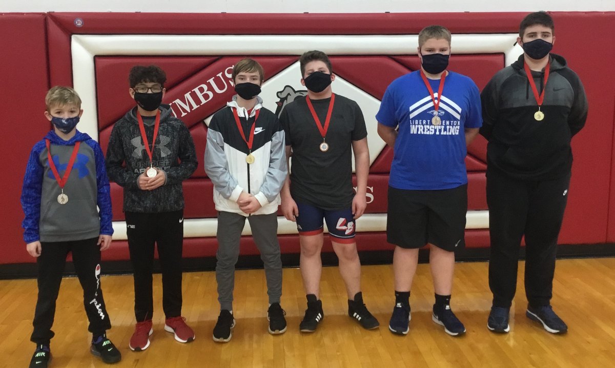 Congratulations to the LBMS wrestling team for finishing in fourth place at the Columbus Grove Invitational! The following wrestlers earned medals:

From left to right:
Mack Smith, Will Pask, Conner Ebanks, Maddyx Vermillion, Austin Berger, and Will Granger. 

GO EAGLES! #WeAreLB