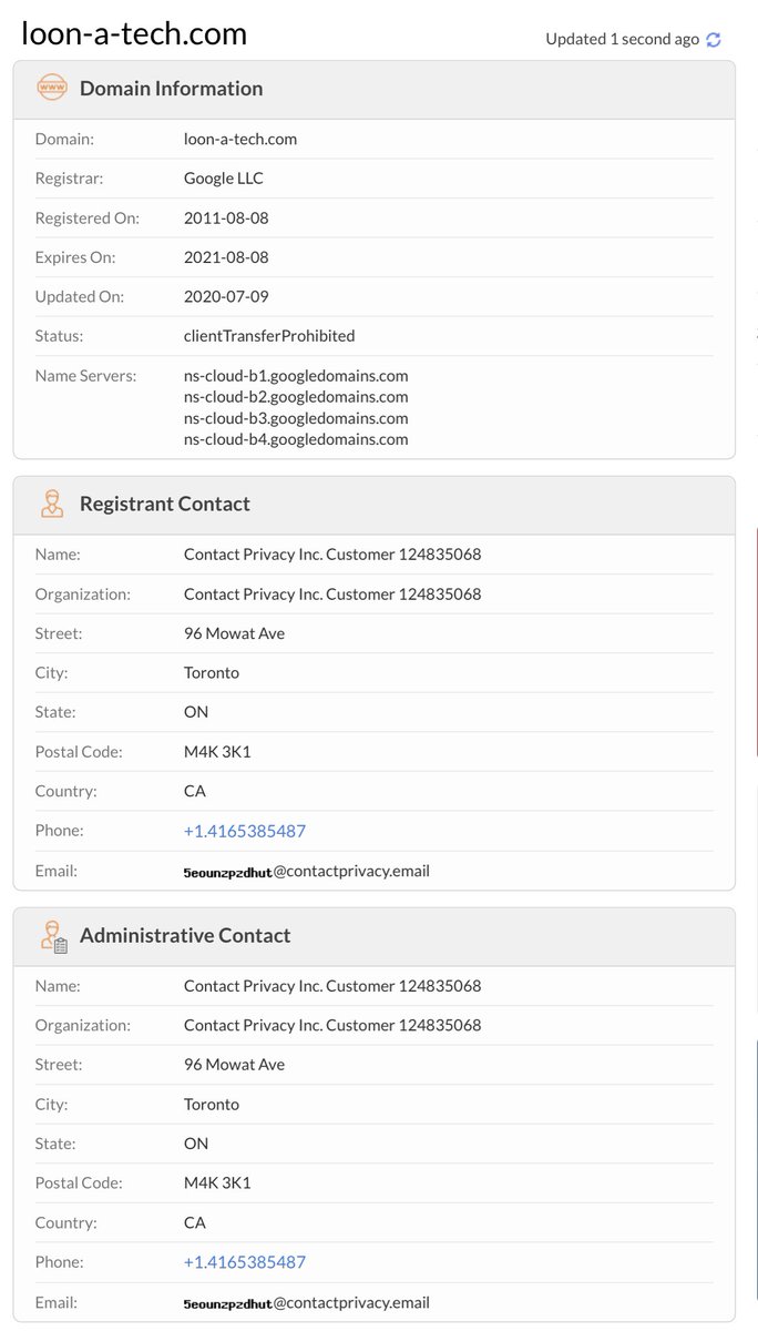 Who is info for Domain:  http://loon-a-tech.com&nbsp;Registrant ContactName:Contact Privacy Inc. Customer 124835068Street:96 Mowat AveCity:TorontoState:OnPostal Code:M4K 3K1Country:CA