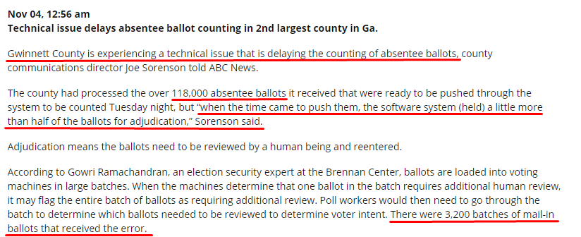 Gwinett County experienced a technical issue that "held a little more than half" of the 118,000 absentee ballots "for adjudication". There were "3,200 batches of mail-in ballots" that received the error.