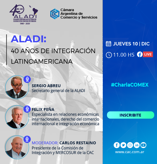 #Invitación #Charla ➡️ALADI: 40 años de Integración Latinoamericana, organizada por <a href="/CACteinforma/">CAC</a> 

🗓️ Jueves 10 de diciembre, 11:00 hs (Hora Uruguay 🇺🇾)
👉 Inscripciones: bit.ly/39TNjSW