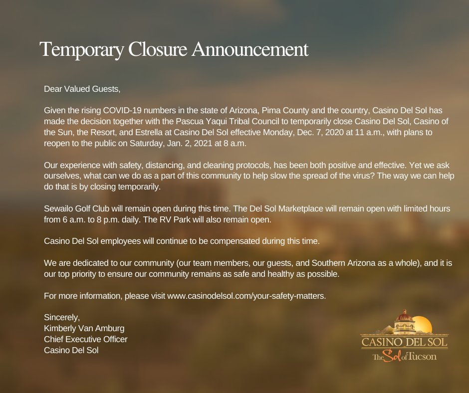 Casino Del Sol Closure Casino Del Sol Closure