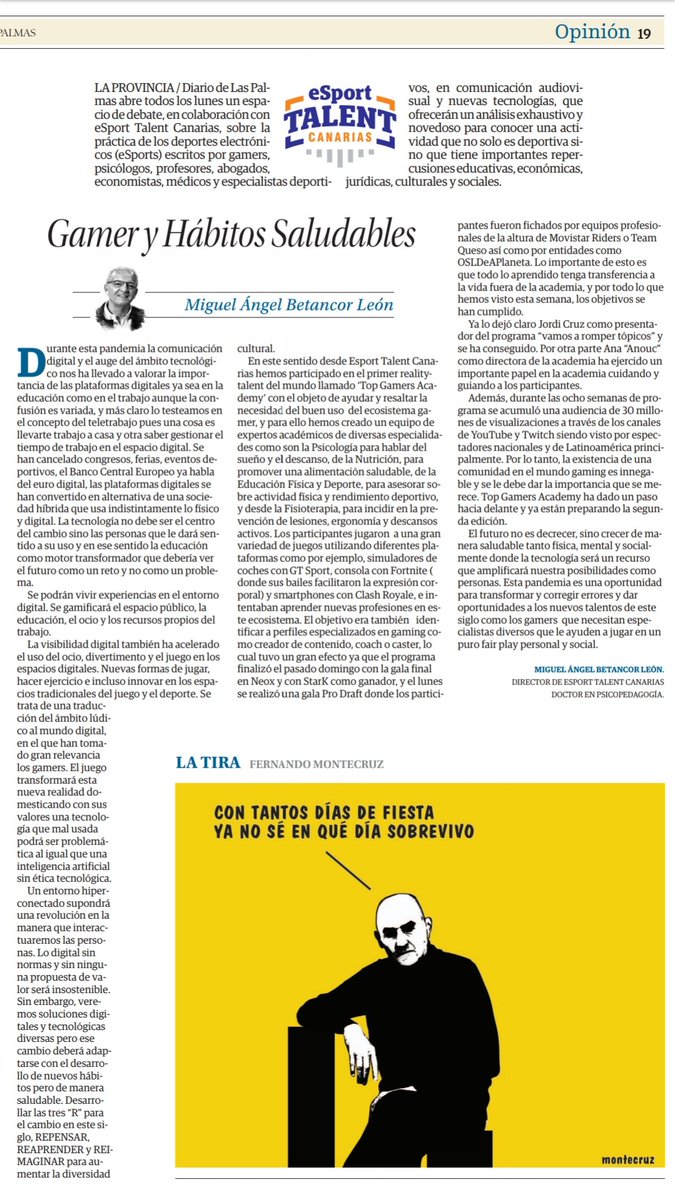 eSportTalentCan's tweet photo. En este #lunesdelectura, Miguel Ángel Betancor León nos deja un artículo en @laprovincia_es. Es sin duda un artículo que no pasa desapercibido.
#lunes #esports #TGA
#educaciondigital #laprovincia #ResetWithMask #cclasramblas
@WebediaES @Gestmusic @TopGamersA @TopgamersArmy https://t.co/MZNcQUdLvQ
