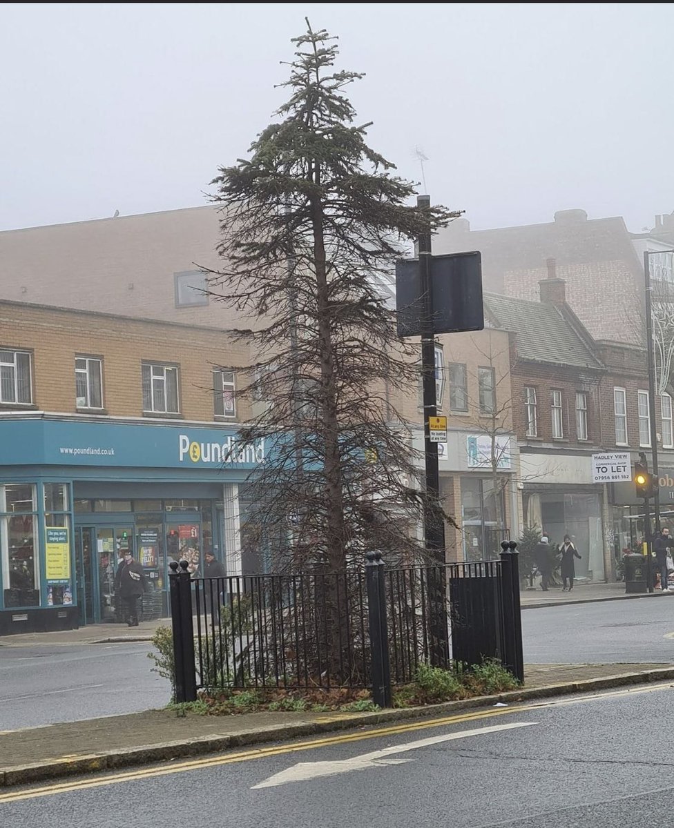 LittleStoatKate's tweet photo. I don’t think our north Finchley Xmas tree is going to make it into 2020 😂... #worsttreeever #northfinchley #london #notverychristmassy https://t.co/lELvdPNAML