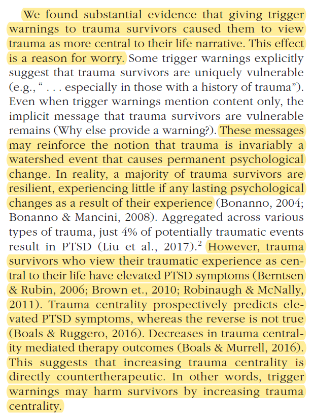 More evidence that trigger warnings don't help trauma victims, and may even cause some harm (by reinforcing victims' belief that their trauma is central to their identity).  https://journals.sagepub.com/doi/10.1177/2167702620921341