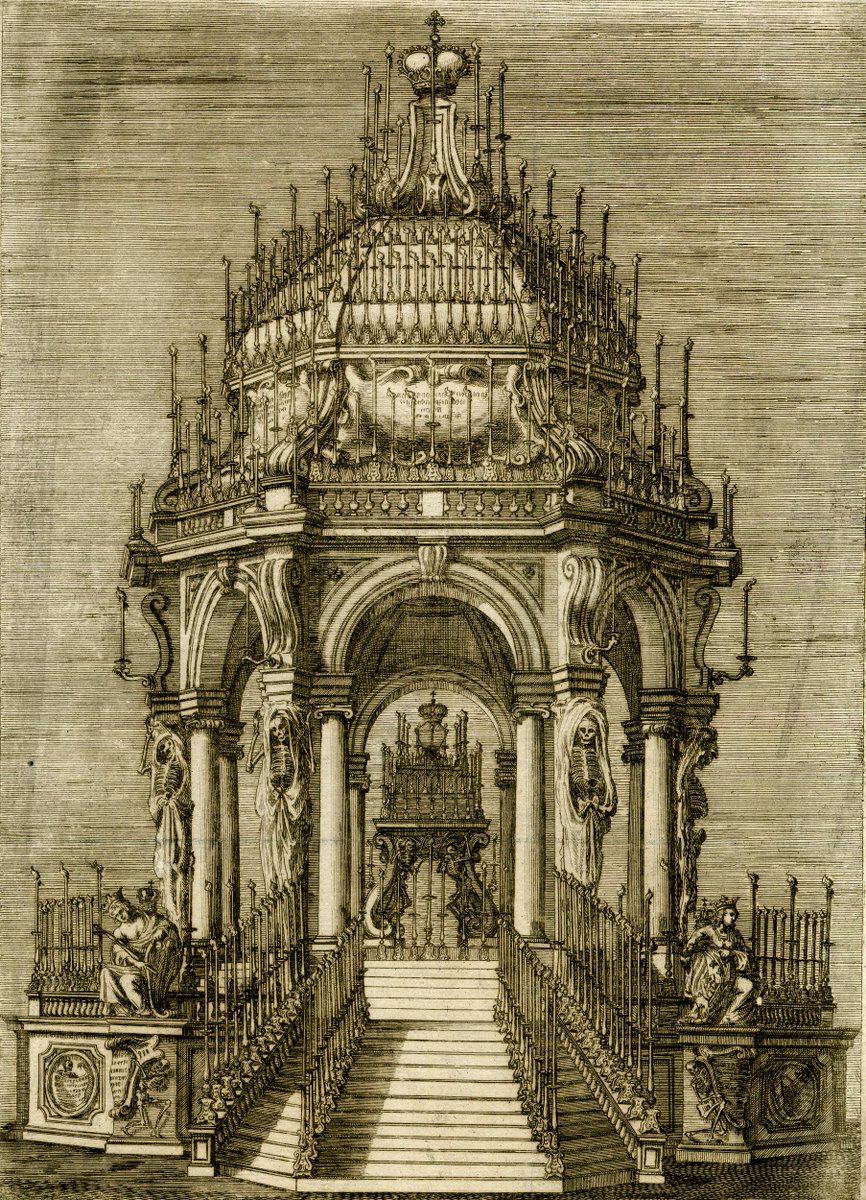 Skeletons *and* candles. #OrgulloBarroco Giovanni Battista Falda (print), after Ferdinando Tacca; Catafalque for Philip IV in San Lorenzo, Florence; 1665;  @britishmuseum