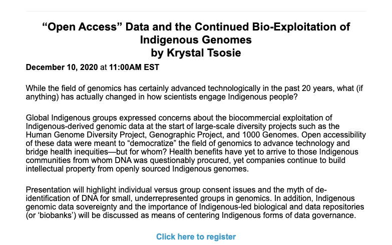 I am happy to email the full-length article to anyone interested, just DM. Also, my  @iscb talk "'Open Access'  #Data and the Continued Bio-Exploitation of  #Indigenous Genomes" is this week on 12/10 at 11 AM EST.  https://iscb.org/iscbacademy-upcoming#tsosie DNA 8/8