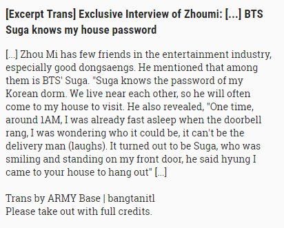 SJ Zhoumi and Yoongi are super close and have been since at least early 2016 (before BTS were big)