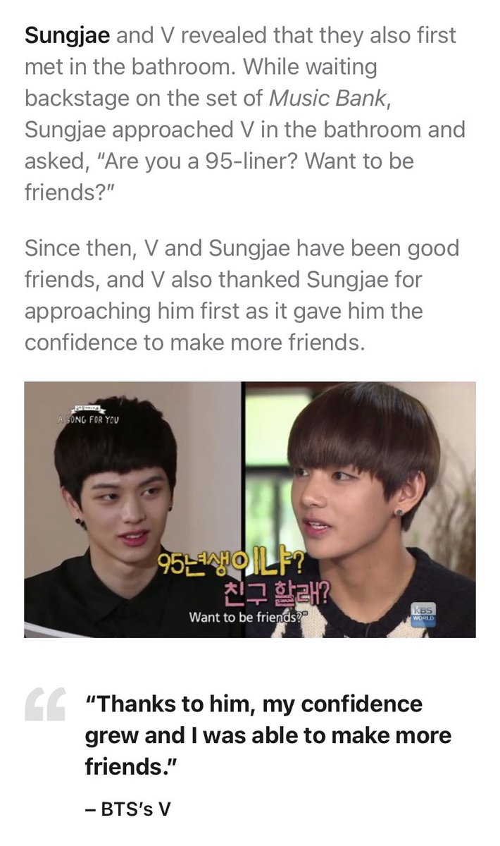 BTOB Sungjae is friends with Tae. They met in the bathroom and even talked about it on A Song For You in 2014 (before BTS were big). Sungjae is also friends with Jimin and they are part of the 95-liner friend group.