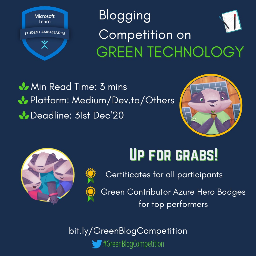 sagnik_20's tweet photo. Announcing a Green Tech Blogging competition #GreenBlogCompetition 🌱 for all University students.
Topic : Sustainable Software Engineering. 🌿
For more details and blog submission : https://t.co/GLMYT2QIfT
#MSFTStudentAmbassadors #GreenBlogCompetition #BeAForceForGood https://t.co/fE8BnPwg3S