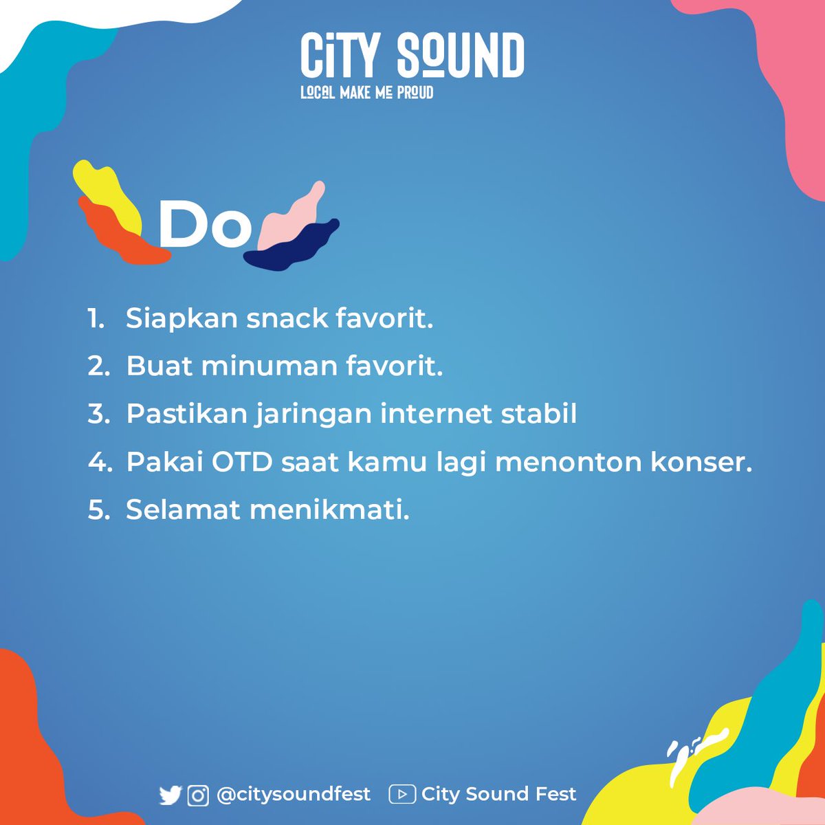 citysoundfest's tweet photo. Ini dia Sobat Fest list apa saja yang boleh kamu lakukan dan yang tidak boleh kamu lakukan ketika streaming di Youtube
Ikutin langkah-langkah ini yaaa sobat!
#LocalMakeMeProud #CitySound https://t.co/013lFD6qiG