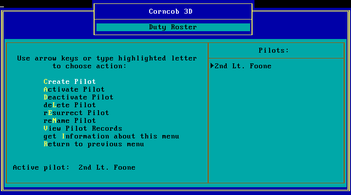So Pie-in-the-Sky Software's MS-DOS flight sim "Corncob 3D" has an interesting feature that you rarely see in games... Lemme explain. So, first, before you go on a mission in this game, you create a pilot, who has a rank. As you complete missions, you'll be promoted.
