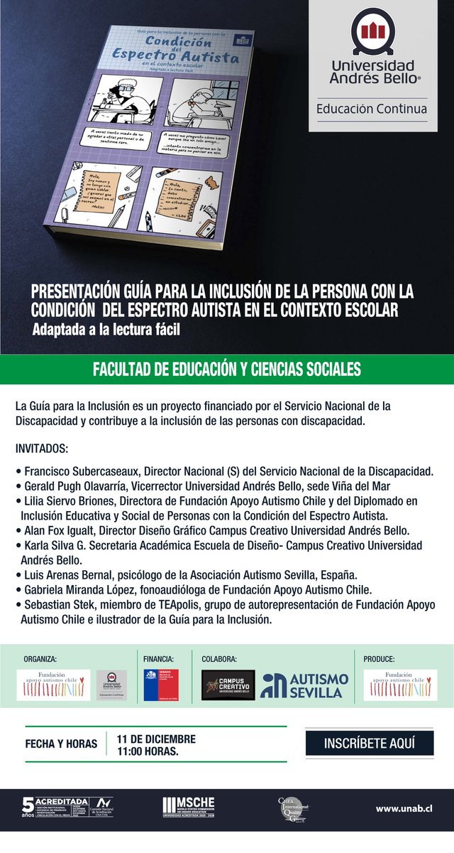 Les invitamos para este 11 de diciembre a las 11: 00 presentación Guía para la Inclusión de la persona con Autismo. senadis.gob.cl/sala_prensa/ag…