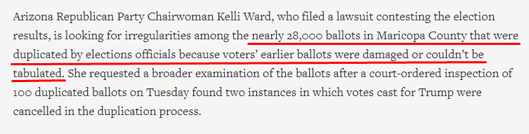 ARIZONAAt least 28,000 ballots adjudicated in Maricopa County because ballots "were damaged or couldn't be tabulated."