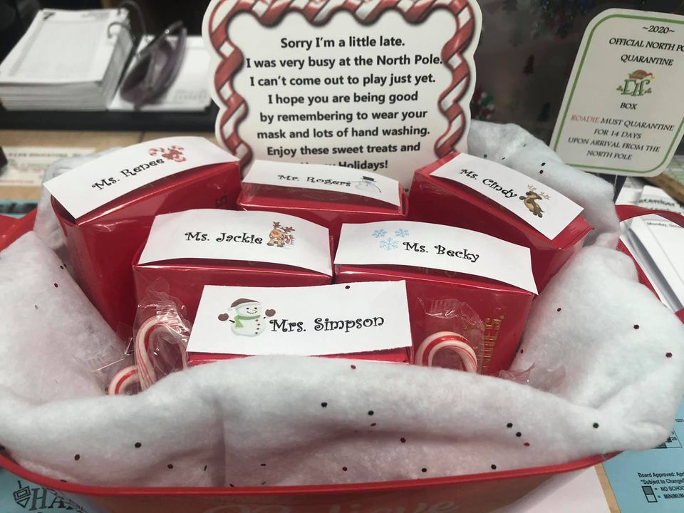 Look who showed up?! Roadie, our school elf! Oh how I missed you 💜 and thanks!😉 #beingsafe #wearingamask <a href="/SSDKristin/">Kristin Baranski, Ed.D</a> <a href="/drsmpierce/">Dr. Stephanie Pierce</a>