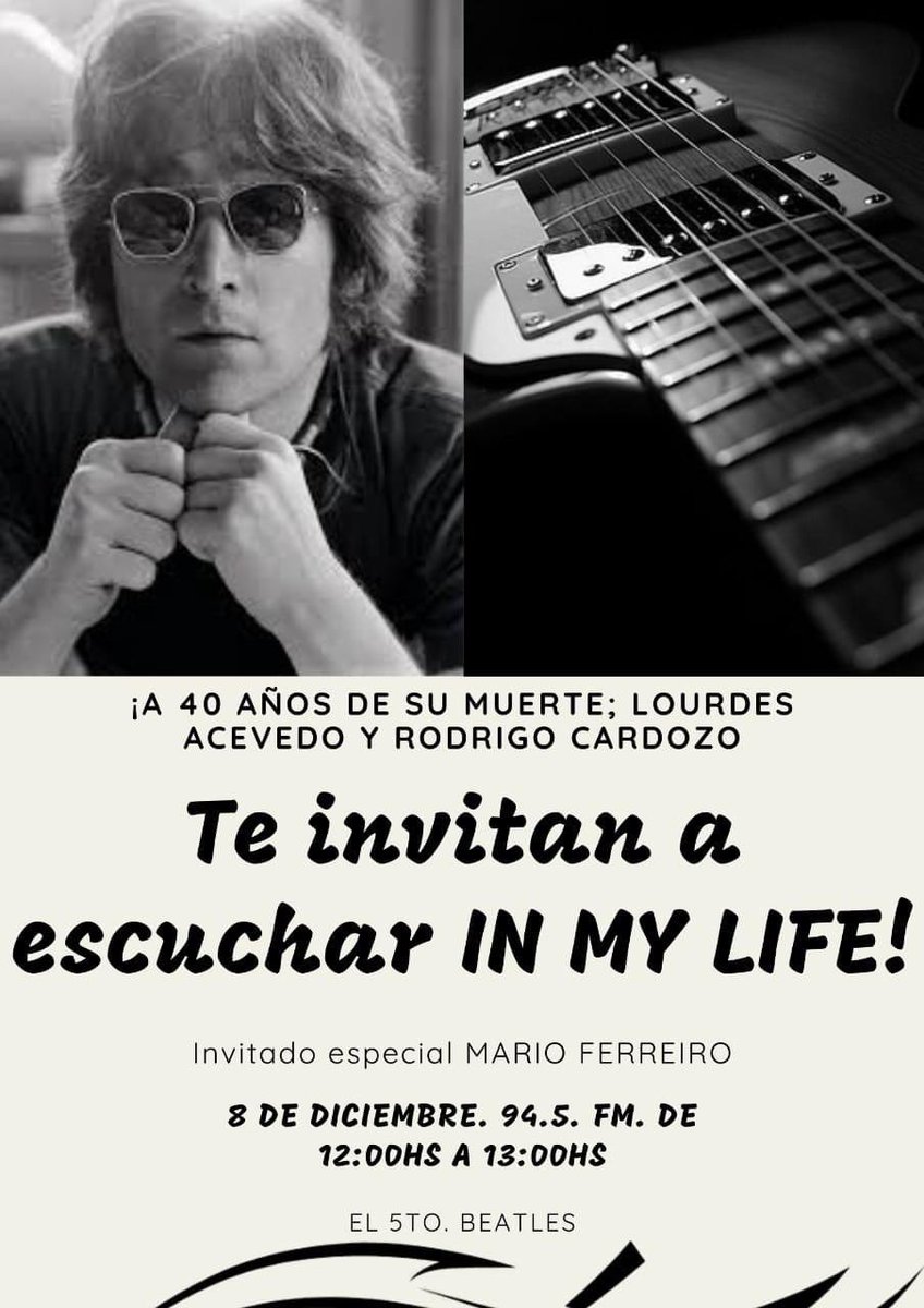 LENNON POR SIEMPRE
Mañana, 8 de diciembre, Lourdes Acevedo y Rodrigo Cardozo, haran un especial "IN MY LIFE", recordando a John Lennon, 
Por la 94.5 FM Norte Comunicaciones, de 12 a 13 hs con la participación de Mario Ferreiro

m.desdeparaguay.com/?nortecomunica…

facebook.com/10014007827388…
