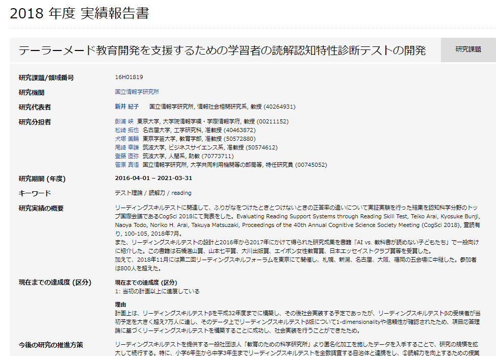 富士見坂 公開日 19 12 27 18年度実績報告書では キーワード テスト理論 読解力 Reading 項目応答 理論と認知心理学はどした ではなく 凄いことやってます感だけで 元々どうでもよかったんだと思う 新井紀子 リーディングスキルテスト T