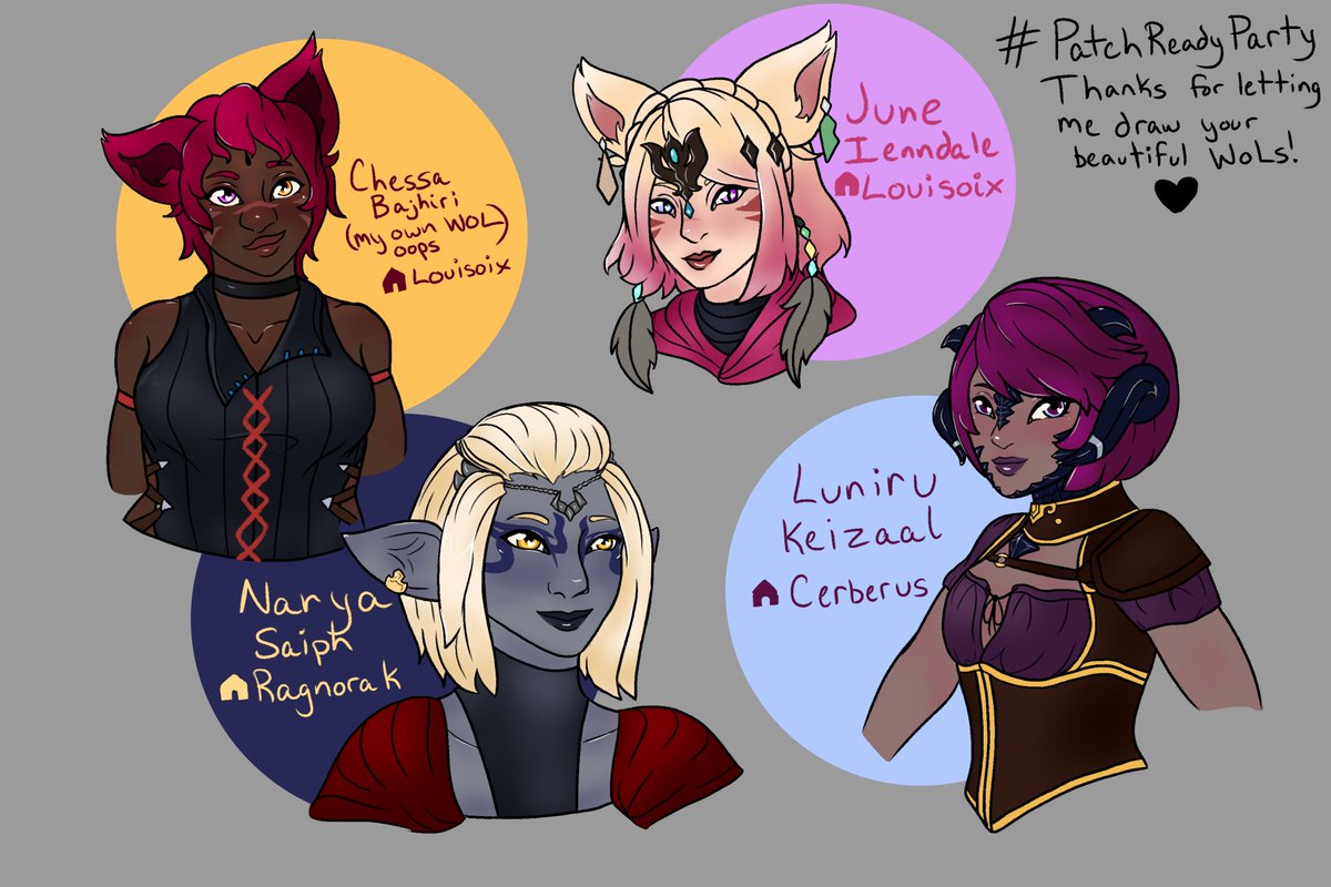 brattypaissa's tweet photo. #patchreadyparty #chaosartparty
I finally finished my pieces from yesterday!! I tried to do more than just plain headshots to varying degrees of success.
Chessa Bajhiri (Louisoix) (my own WoL,,,, oops)
Narya Saiph (Ragnorak)
June Ienndale (Louisoix)
Luniru Keizaal (Cerberus) https://t.co/3JZGMyY59k
