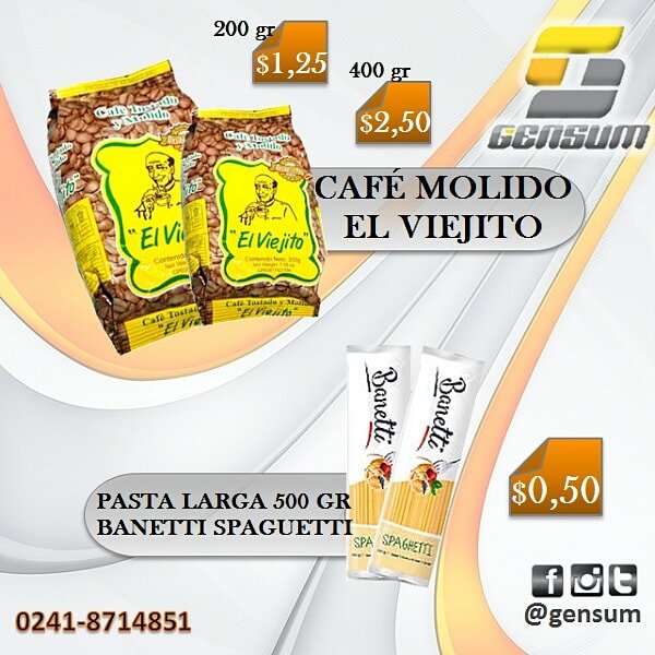 CAFÉ MOLIDO EL VIEJITO DE 200 Y 400 GR.
~•~
PASTA LARGA DE 500 GR BANETTI SPAGHETTI 
▪¤▪
Estamos ubicados por la Don Julio Centeno de Valencia, frente a Oro Cauchos Láser del Big Low Center.

#espaguete #cafe #alimentos #elviejito #banetti #pasta #comida #ferretería #valencia