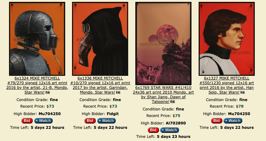 Our massive <a href="/MondoNews/">MONDO</a> auction has less than six days left to go. 

Bid yet? Particular interest? Note the autofilters on the left hand side of the page with groups of posters from Star Wars, Miyazaki, Disney, Tarantino, and many, many others. emovieposter.com/agallery/tag/x…