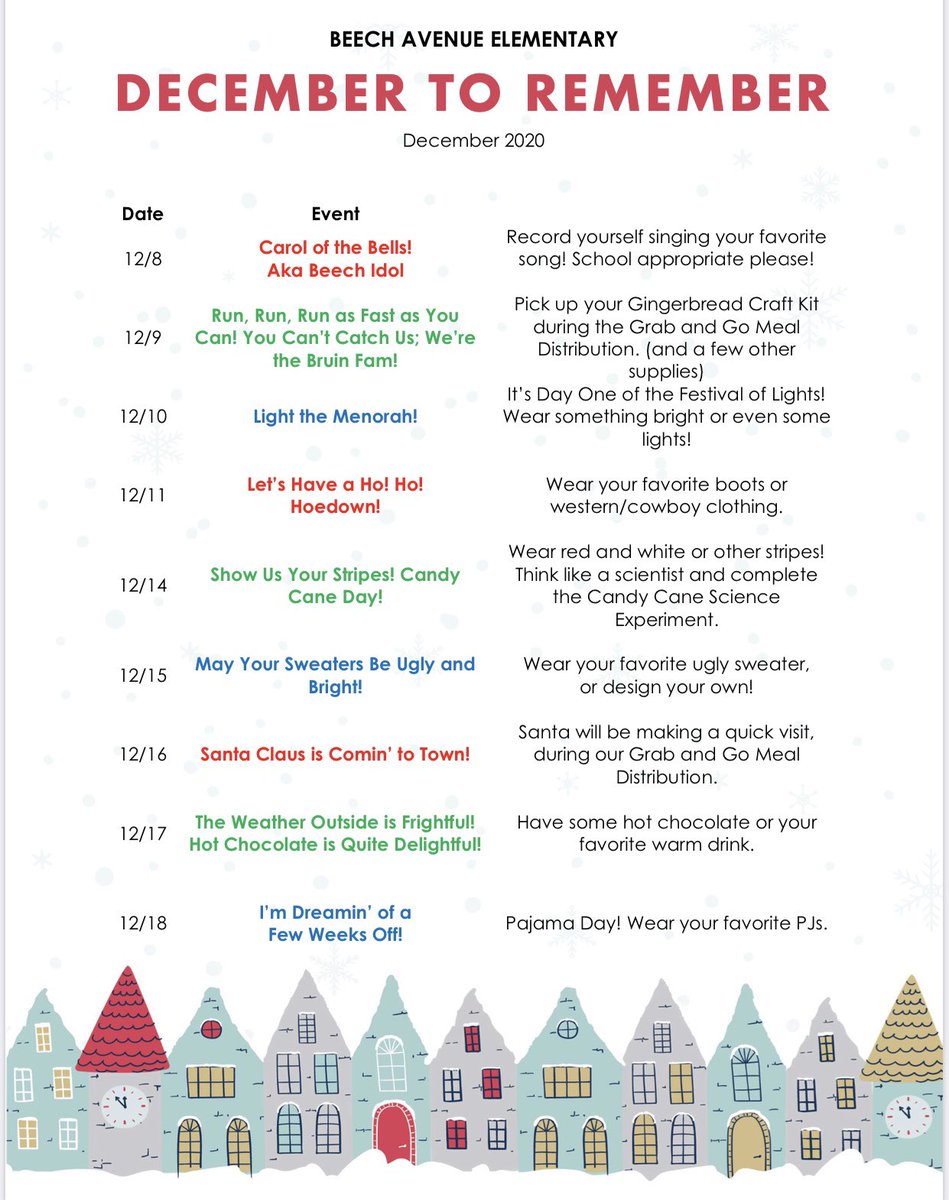 It’s a December to Remember Bruin Families!  Here’s a description of each fun event! Please continue to check Teams for daily instructions to show us your participation! #beechisnumberone #FamilyFun