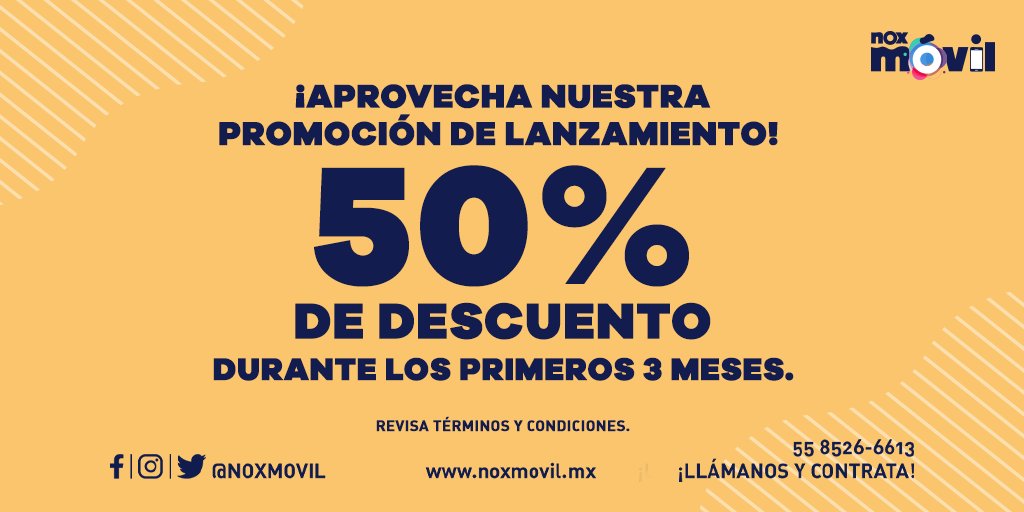 ¡Cambia la manera en la que te comunicas! 50% de Descuento en los 3 primeros meses de servicio al contratar NOX Móvil. Tenemos planes ilimitados desde $250 MXN*. Aplican términos y condiciones. Contáctanos al teléfono: 55 8526-6613 o en noxmovil.mx.  #NOXMóvil