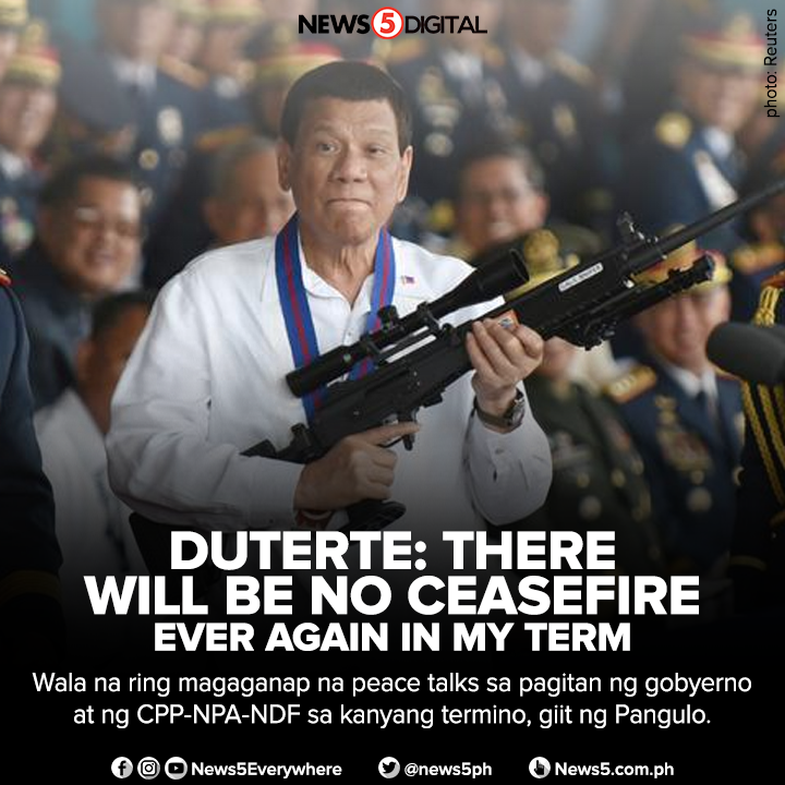 News5PH's tweet photo. Sa kanyang public address kagabi, muling binanatan ni Pres. Rodrigo Duterte ang mga umano'y legal front ng mga komunistang rebelde. https://t.co/zYXlJ32azW