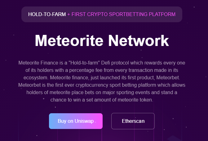  $METEOR -  http://meteorite.network 0x765baefcb5418fa9f7dddacb1ccc07bd0e890e4eMeteorite finance, a hold-to-farm defi protocol just launched its first product, Meteorbet.You can view the betting platform below: http://meteorbet.org Tons more info below1/7