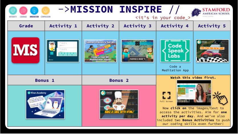 It's beginning to look a lot like #MissionInspire!  

Excited to share the first <a href="/codeorg/">Code.org</a> CodeBytes activity with our secondary Ss.  

Each day our PP-G10 Ss are building their coding skills for an hour this week. #StamfordHK #CognitaWay 

PC:<a href="/StamfordHK/">Stamford American School Hong Kong</a> <a href="/edTechEvans/">Tim Evans 🏴󠁧󠁢󠁷󠁬󠁳󠁿🇪🇸🇭🇰🇦🇪🇨🇳</a>