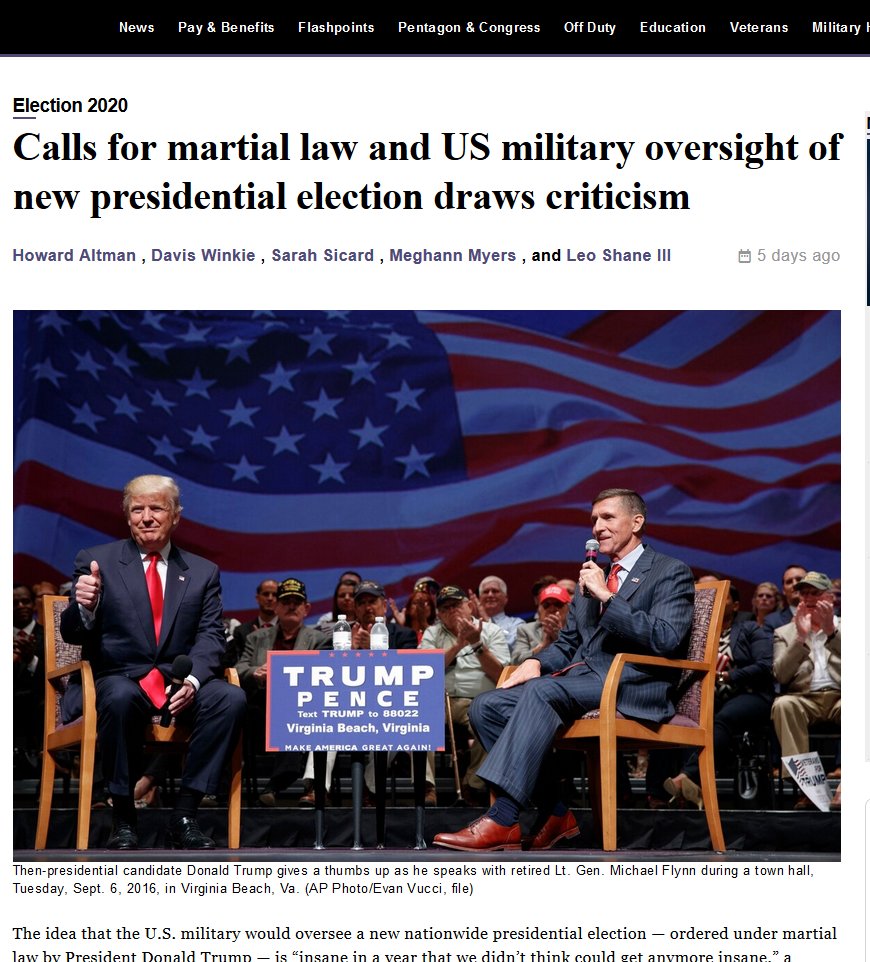 Gen. Flynn recently shared a link suggesting the need for "limited martial law" in order to "hold a new election".  https://www.militarytimes.com/news/your-military/2020/12/02/calls-for-martial-law-and-us-military-oversight-of-new-presidential-elections-draws-criticism/3/