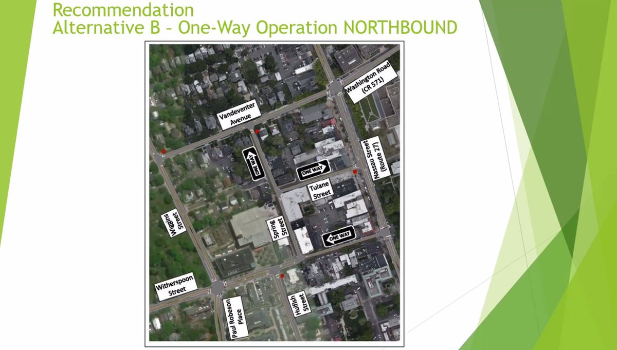 Of the options considered, the traffic consultants are recommending a change to one-way north-bound traffic on Witherspoon St. This is actually the same as the current configuration during the COVIDtimes.