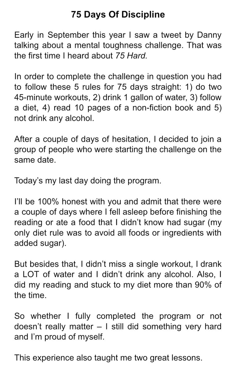 Today’s essay is a little bit off-topic and unrelated to all the previous ones.But today’s my last doing 75 Hard and I wanted to reflect on the experience.Shoutout to  @heydannymiranda for inspiring me to do it and to  @Deepuasok for the accountability. 22/30