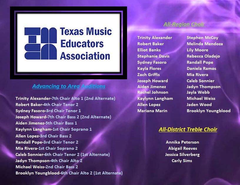 GPFAAVocalMusic's tweet photo. The TMEA Round 2 results are in! Congratulations to everyone that auditioned 🎉 

Now on to the next, and final, round of All-State Choir auditions. 

Good luck to everyone advancing!! https://t.co/xoyN61KMhe
