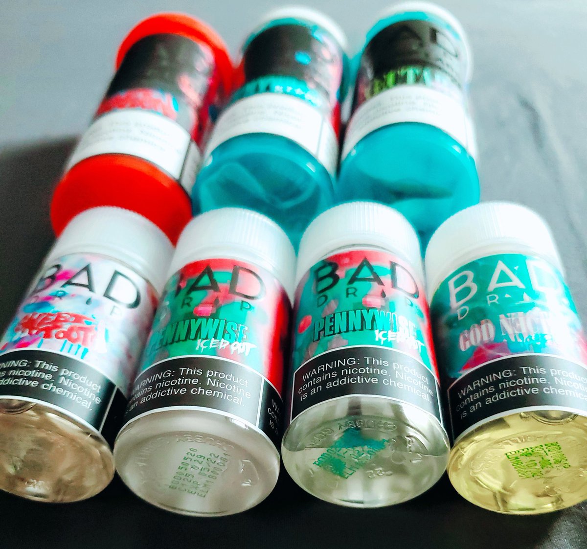 Pennywise (Iced Out) is the best vape juice ever, you can't change my mind. Didn't care for God Nectar, and Sweet tooth was well, sweet but satisfying. 🤡 <a href="/BADDRIPLABS/">Bad Drip</a>