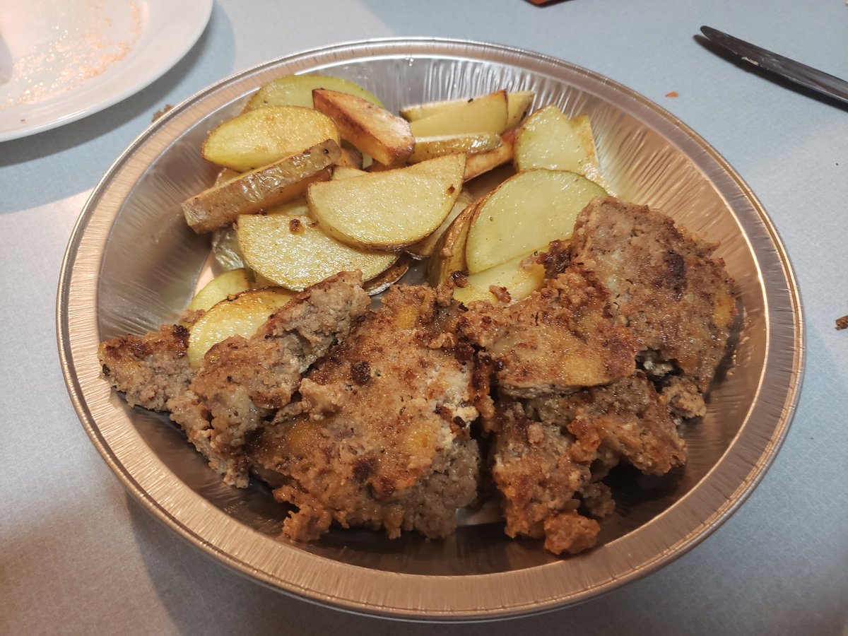 Fried meatloaf and potatoes now en route to the quarantined.