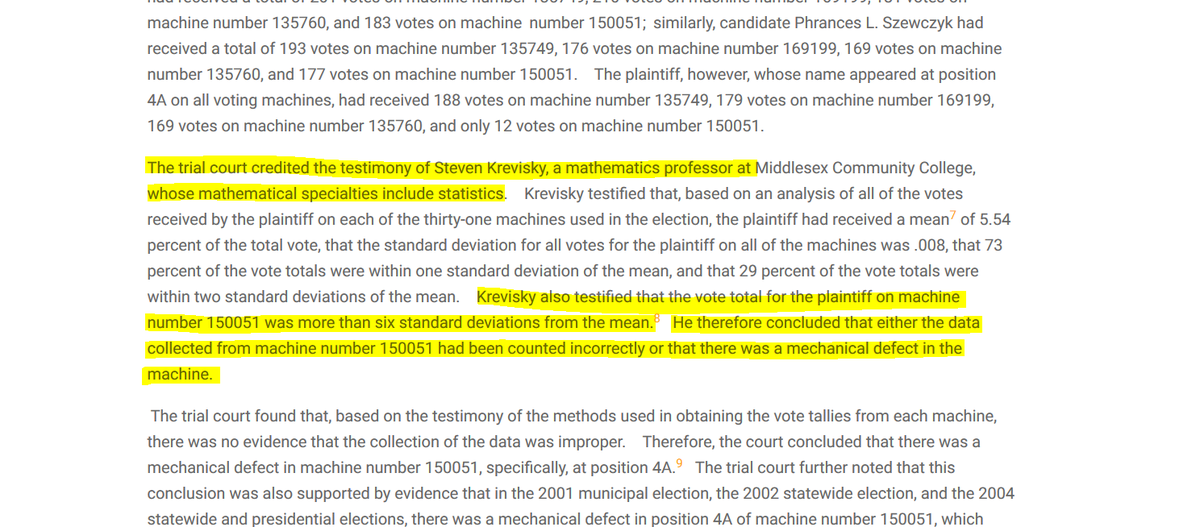 This one is my favorite: a revote upheld by the Connecticut Supreme Court involving a voting machine with a "mechanical defect" with a *statistically impossible* result.Sound familiar? https://caselaw.findlaw.com/ct-supreme-court/1161938.html12/