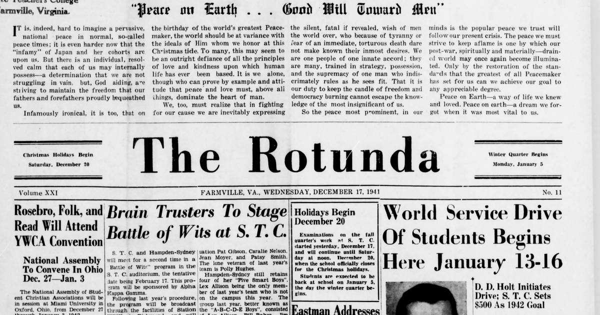 longwoodu's tweet photo. On this Pearl Harbor Day we look back at this December 1941 editorial from @longwoodrotunda which delivered this message to students before their holiday break. #CitizenLeader #100YearsOfRotunda https://t.co/VC5vFgqFFj