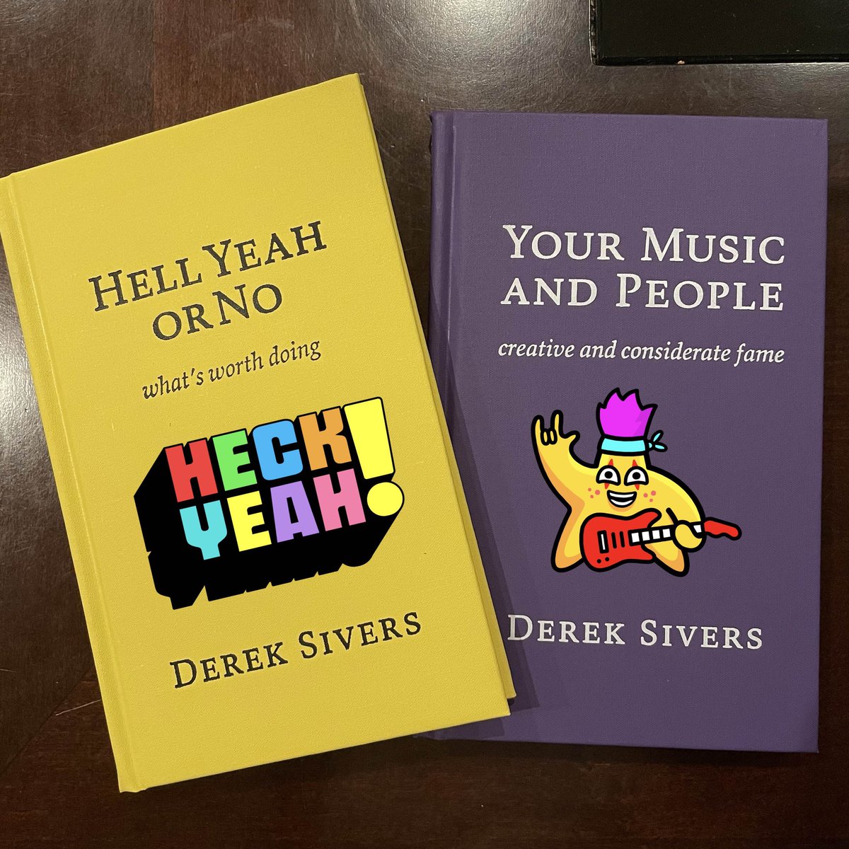 Hell yeah! New books by <a href="/sivers/">Derek Sivers</a> for me to learn from. 
I took the liberty to “design” the book covers for the photos, with <a href="/socialiteapp/">@socialiteapp</a>. 
Actually, maybe I should use my real “rocking starfish” sticker for that.