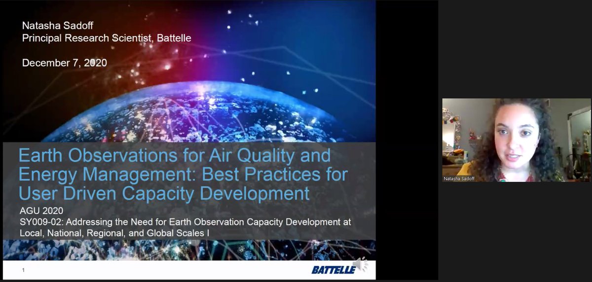 Next up in the current  #AGU20 session,  @NatashaSadoff of  @Battelle is presenting on "Earth Observations for Air Quality and Energy Management: Best Practices for User-Driven Capacity Development."  Full video of her talk:  https://agu.confex.com/agu/fm20/meetingapp.cgi/Paper/753538 https://twitter.com/BZgeo/status/1336121970753146880