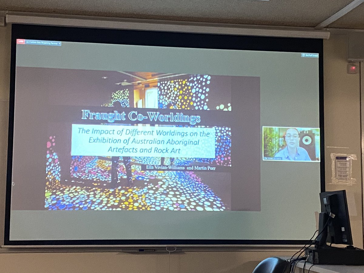 UWAArchaeology's tweet photo. Very excited to see @UWAArchaeology Honours student (graduating this Friday!) Ella Vivian-Williams presenting first in the #AusTAG3 session at #AAA43 on “Fraught Co-Worldings” about the exhibition of Australian Aboriginal artefacts and rock art. https://t.co/ZEs6z5Ov7z