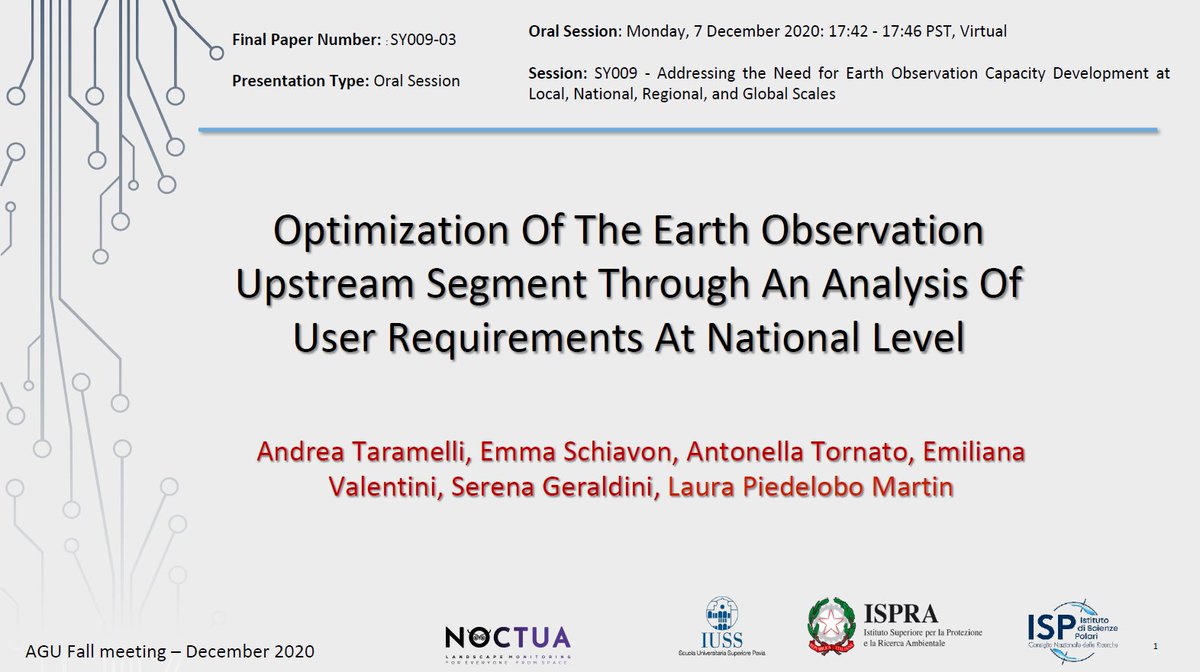  #AGU20: Next up, Andrea Taramelli of Italy's Institute for Envir. Protection & Research is presenting on "Optimization of the Earth Observation Upstream Segment through an Analysis of User Requirements at National Level." Also see:  https://agu.confex.com/agu/fm20/meetingapp.cgi/Paper/721265 https://twitter.com/BZgeo/status/1336123406232772608