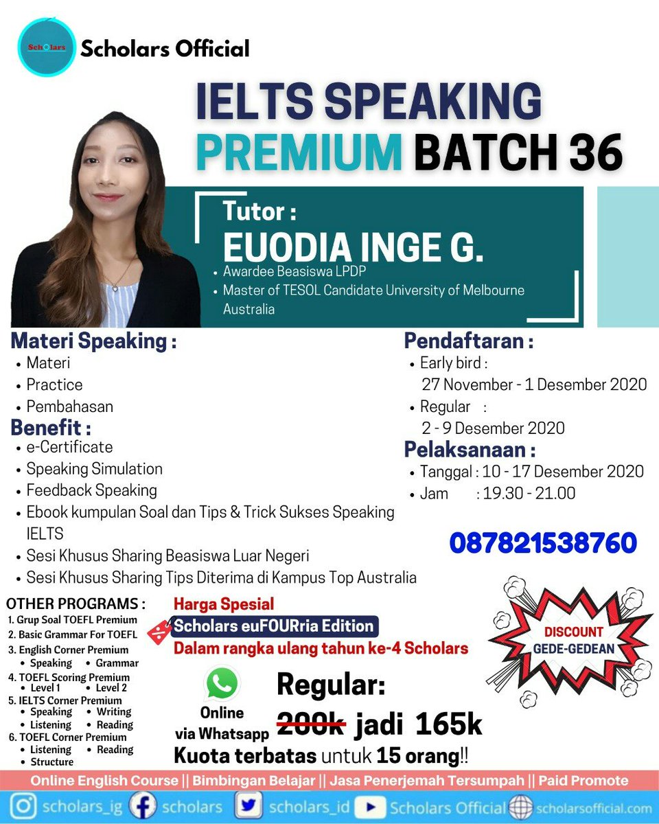 INgalifah's tweet photo. Mau persiapan TOEFL/IELTS? Nih ada rekomendasi dari Scholars Official. More info bisa langsung hubungi cp nya ya. Kalau mau private juga bisa😊 yuk persiapan yang matang biar sekali test bisa dapet band score yang km inginkan. Tes IELTS ga murah loh😊. Thank you https://t.co/C47NTauMav