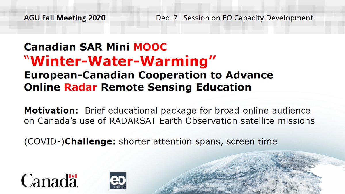  #AGU20: Now, Guy Aube of  @CSA_ASC is presenting on their  #SAR Mini-MOOC, which was a result of Canadian and European cooperation.  #GoldenAgeOfSAR  See the full presentation video at:  https://agu.confex.com/agu/fm20/meetingapp.cgi/Paper/730192 https://twitter.com/BZgeo/status/1336124369974726656