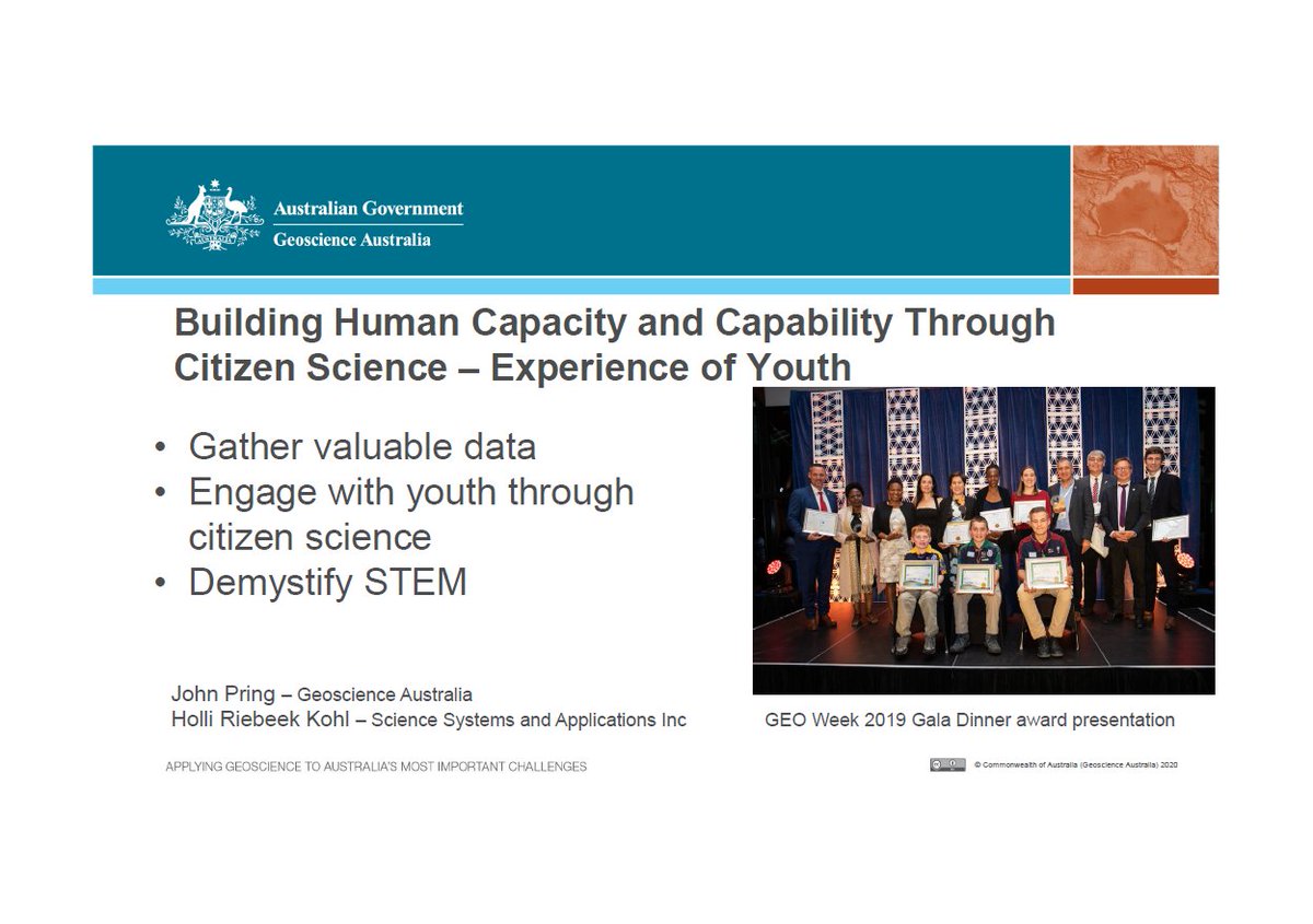  #AGU20: John Pring from  @GeoscienceAus is now presenting on "Building Human Capacity and Capability Through Citizen Science - Experience of Youth." See:  https://agu.confex.com/agu/fm20/meetingapp.cgi/Paper/669713 https://twitter.com/BZgeo/status/1336126563889393665