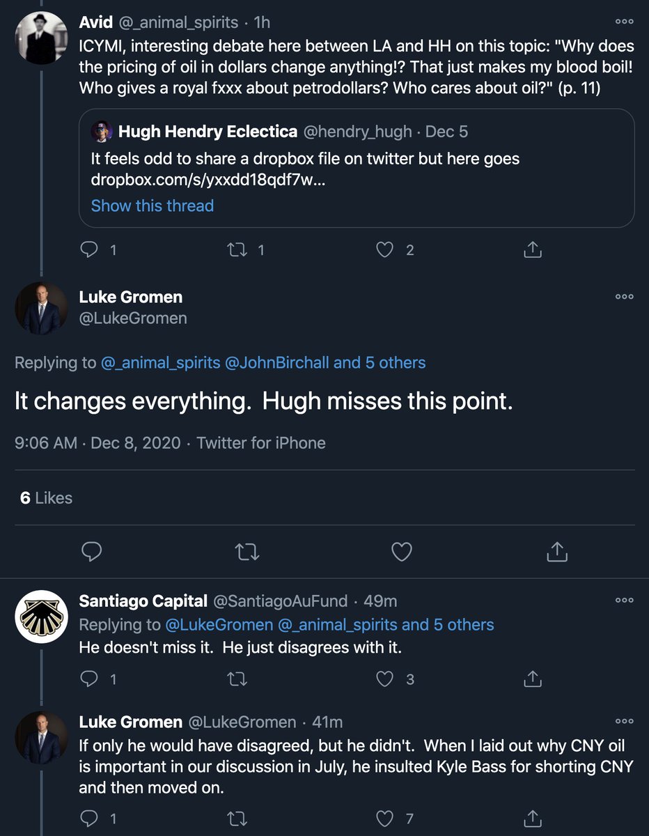 This convo is entertaining but painful to watch. 1) Oil traded in CNY does not change everything.2) What Luke says here about why Kyle was short CNY is... wrong. cc  @LukeGromen,  @JKyleBass - both have me blocked and  @SantiagoAuFund,  @_animal_spirits b/c they're here.
