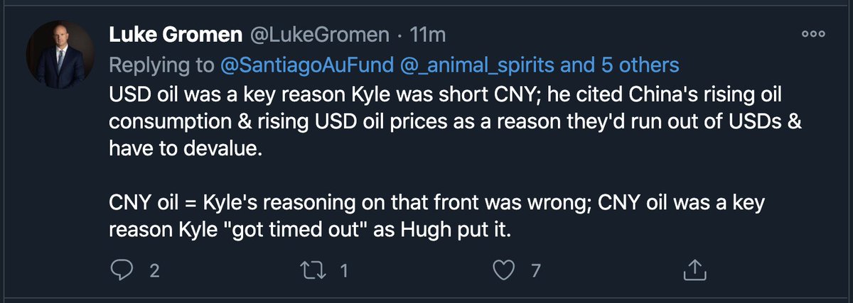 This convo is entertaining but painful to watch. 1) Oil traded in CNY does not change everything.2) What Luke says here about why Kyle was short CNY is... wrong. cc  @LukeGromen,  @JKyleBass - both have me blocked and  @SantiagoAuFund,  @_animal_spirits b/c they're here.